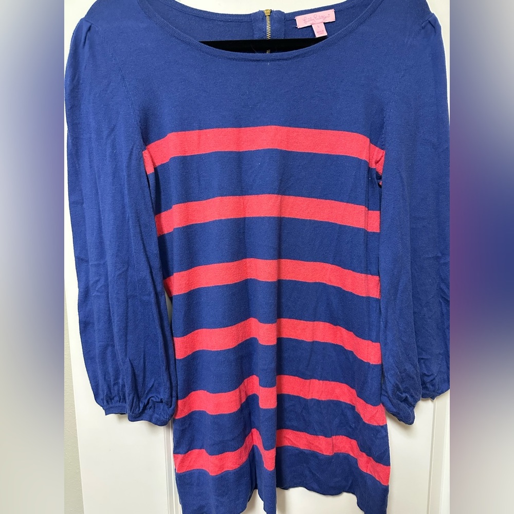Lilly Pulitzer Size L Rebecca 3/4 Sleeve Sweater Pink and Blue Striped